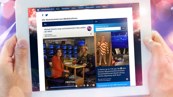 Social TV auf eurovision.de auf einem Tablet PC (Montage) © fotolia.com, NDR Foto: Brian Jackson, Gino Santa Maria, Rolf Klatt