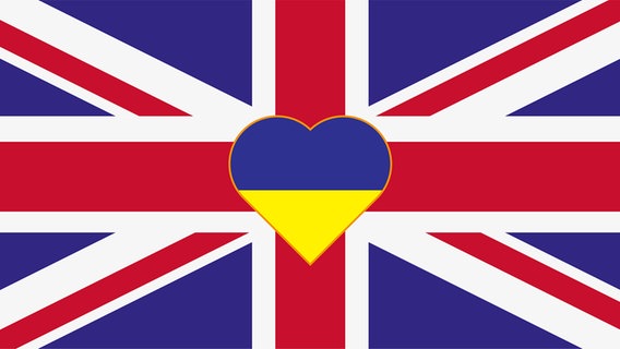 Auf der Flagge Großbritanniens (UK) prangen die Farben der Ukraine (Blau und Gelb) in Herzform. © panthermedia/Antares 