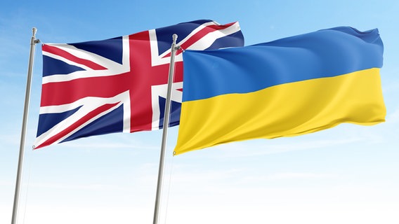 Die Flaggen von Großbritannien (UK) und der Ukraine wehen nebeneinander im Wind © panthermedia/efas 