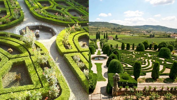 Collage aus zwei typisch geometrischen italienischen Gärten.  