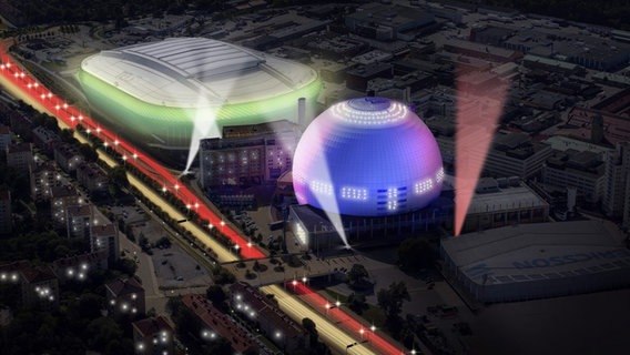Die Stockholmer Globe Arena bei Nacht (Computer-Grafik) © EBU/SVT 