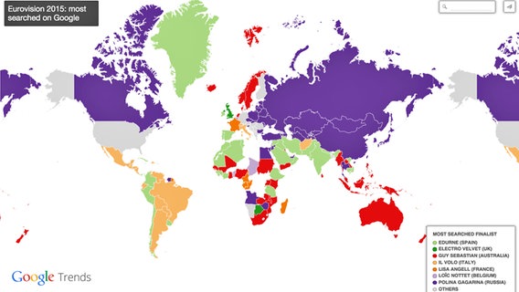Eine Grafik mit der Weltkarte, auf denen die meistgesuchten Eurovisionsbegriffe angezeigt werden © Google Trends/ #GoogleTrends 