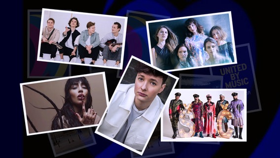 Teilnehmer am ersten Halbfinale: Lettland, Tschechien, Schweden, Schweiz und Kroatien (Montage). © eurovision.tv/EBU/SRF Foto: Andris Barbans / ČT / Charli Ljung / Lukas Mäder / Franko Kelam