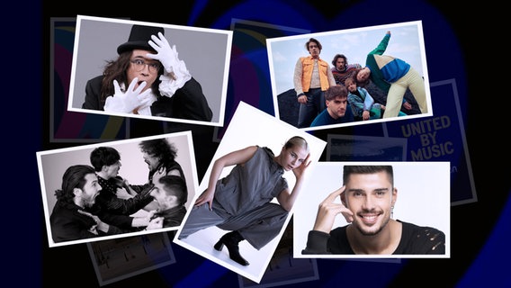 Teilnehmer am zweiten Halbfinale: Island, Rumänien, Zypern, San Marino und Slowenien (Montage). © eurovision.tv Foto: Hegi Omars/Teodora Ungureanu/Nikos Zikos/Aurora Cesari/Ursa Premik