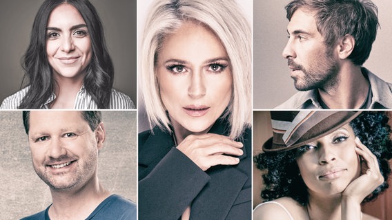 Die deutsche ESC-Jury 2022: Jessica Schöne, Michelle, Max Giesinger,  Christian Brost und Tokunbo (v.l.n.r.) © Montage: Felix Rachor / Sebastian Reimold / Anelia Janeva / Christoph Köstlin / Anne de Wolff 