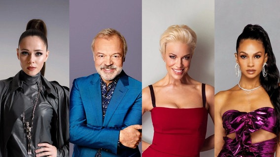 Das Moderationsteam beim ESC 2023: Julia Sanina, Graham Norton, Hannah Waddingham und Alesha Dixon (v.l.n.r.) © BBC 