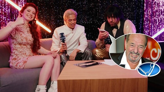 Patty Gurdy, TRONG, Ikke Hüftgold und am Telefon Ralph Siegel. © NDR Foto: Screenshot