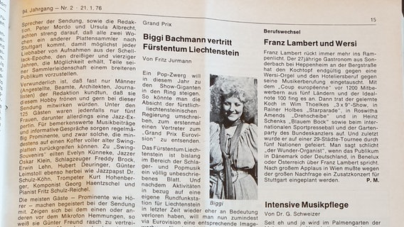 Ein Ausschnitt aus der Zeitschrift "Artist" von 1976, in dem es um die ESC-Teilnahme von Biggi Bachmann für Liechtenstein geht.  Foto: Fabienne von der Eltz