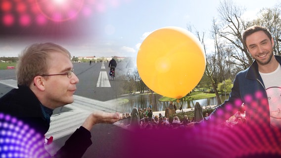 Fan Claudio Schneider pustet auf den Luftballon des Schwedens Måns Zelmerlöw für die Aktion "Building Bridges" (Collage) © NDR/Collage 