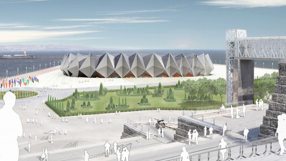 Die animierte Außenansicht der zukünftigen Crystal Hall in Baku.  