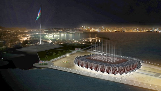 Nachtansicht der zukünftigen Crystal Hall in Baku (Animation).  