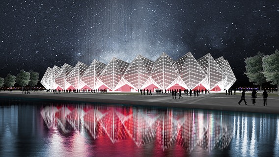 Die animierte Außenansicht der zukünftigen Crystal Hall in Baku.  