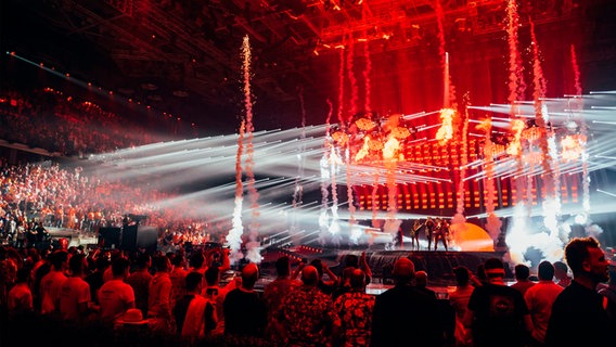 Måneskin auf der Bühne beim Finale in Turin. © eurovision.tv/EBU Foto: Sarah Louise Bennett