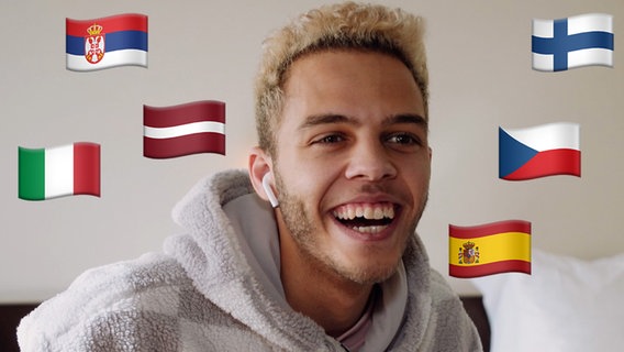 Malik Harris mit den Flaggen von Italien, Serbien, Lettland, Spanien, der Tschechischen Republik und Finnland.  Foto: Screenshot