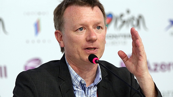 Jon Ola Sand, EBU-Executive-Supervisor für den Eurovision Song Contest, bei einer  Pressekonferenz am 23. Mai in Baku. © dpa Bildfunk Foto: Jörg Carstensen