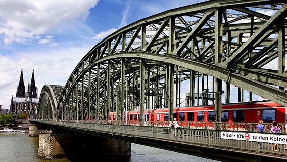 Blick auf die Hohenzollernbrücke in Köln und den Dom  