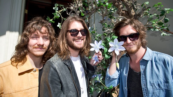 Die Österreicher Max Christ, (v.l.), Dominik Muhrer und Flo Meindl alias The Makemakes bei der Aktion "Building Bridges" bei Eurovision in Concert in Amsterdam © NDR Foto: Rolf Klatt