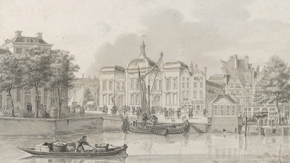 Eine Zeichnung der alten Börse Rotterdam des Schweizer Zeichners Jan de Beijer (1750).  Foto: dpa