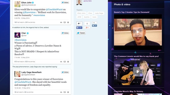Screenshot der Tweets von Elton John, Lady Gaga und Cher über Conchita Wurst © eurovision.tv 