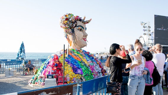 Eine Netta-Figur aus Plastikspielzeug steht am Strand. © NDR Foto: Claudia Timmann