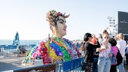 Eine Netta-Figur aus Plastikspielzeug steht am Strand. © NDR Foto: Claudia Timmann