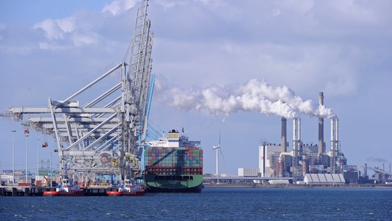 Der Hafen von Rotterdam mit Kränen und einem Containerschiff ©  dpa Foto: Marijan Murat