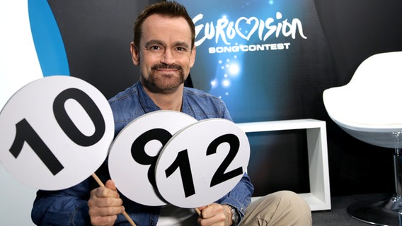Eurovision Songchecker Thomas Mohr von NDR 2 hält Punktetafeln hoch. © NDR 