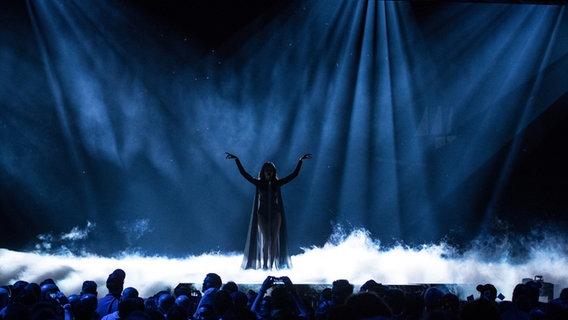 Iveta Mukuchyan aus Armenien steht mit erhobenen Armen auf der dunklen Bühne, aus der Nebel hervorquillt © NDR Foto: Rolf Klatt