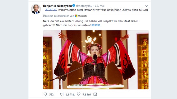 Tweet von Netanyahu zum ESC-Sieg von Netta Tweet von Netanyahu zum ESC-Sieg von Netta