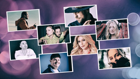 Collage der Teilnehmer und Teilnehmerinnen des Vorentscheides zum ESC 2024 © NDR Foto: Dorian Stiebeling, Magdalena Dauber, Gaby Gerster, Welthund Music, Amelia Janeva, Ella Mettler, Sophie van Hasselt, Valentin Ammon, Steven Söther